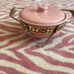 Vintage Bauer Pink Ceramic Bowl With Brass Holder 7 Inches